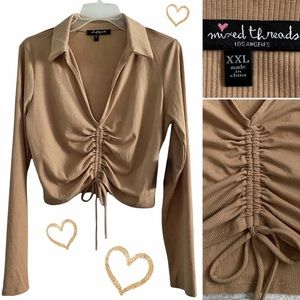 Mixed Threads ribbed long sleeve scrunch top w/ collar, camel tan